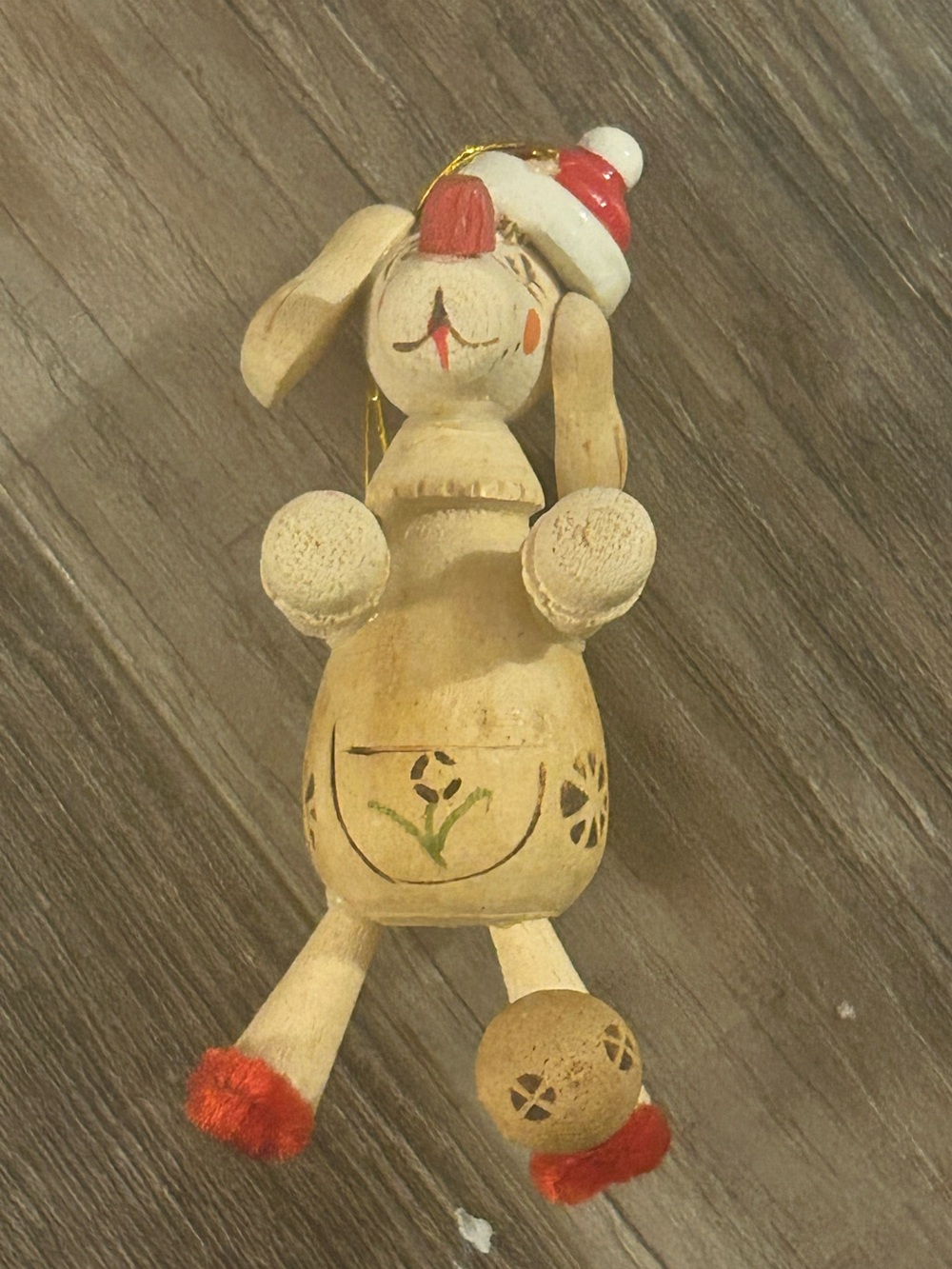 Vintage Christmas wooden Ornament dog ball and hat